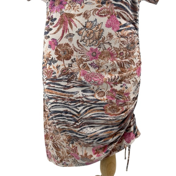 NWT Anthropologie Daily Practice Short Ruched Dress in Brown Motif Size Large - Picture 3 of 11